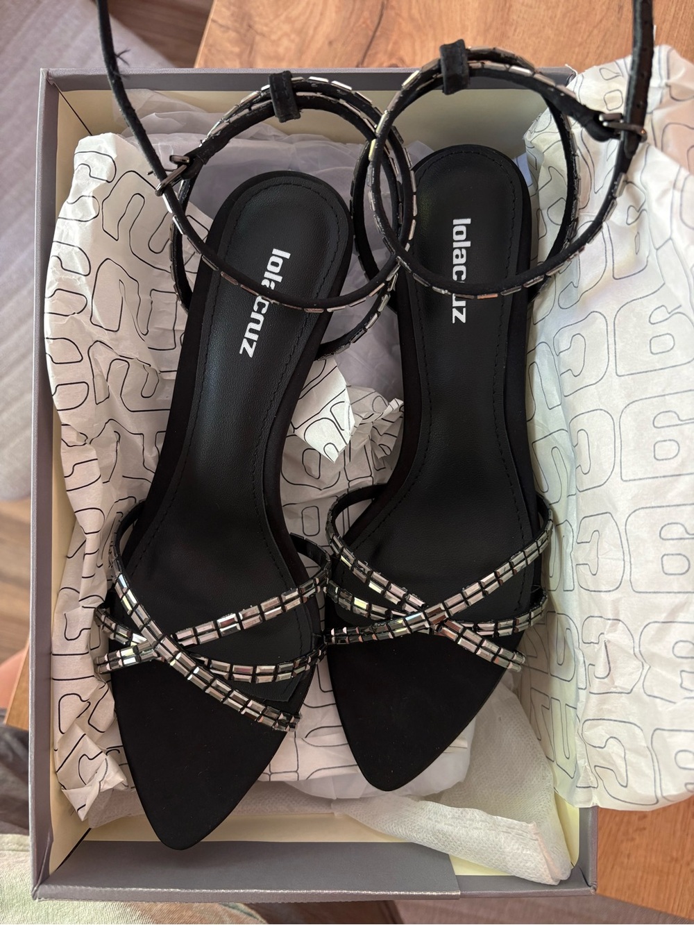 Lola Cruz Black Embellished Ankle‑Strap Heels
